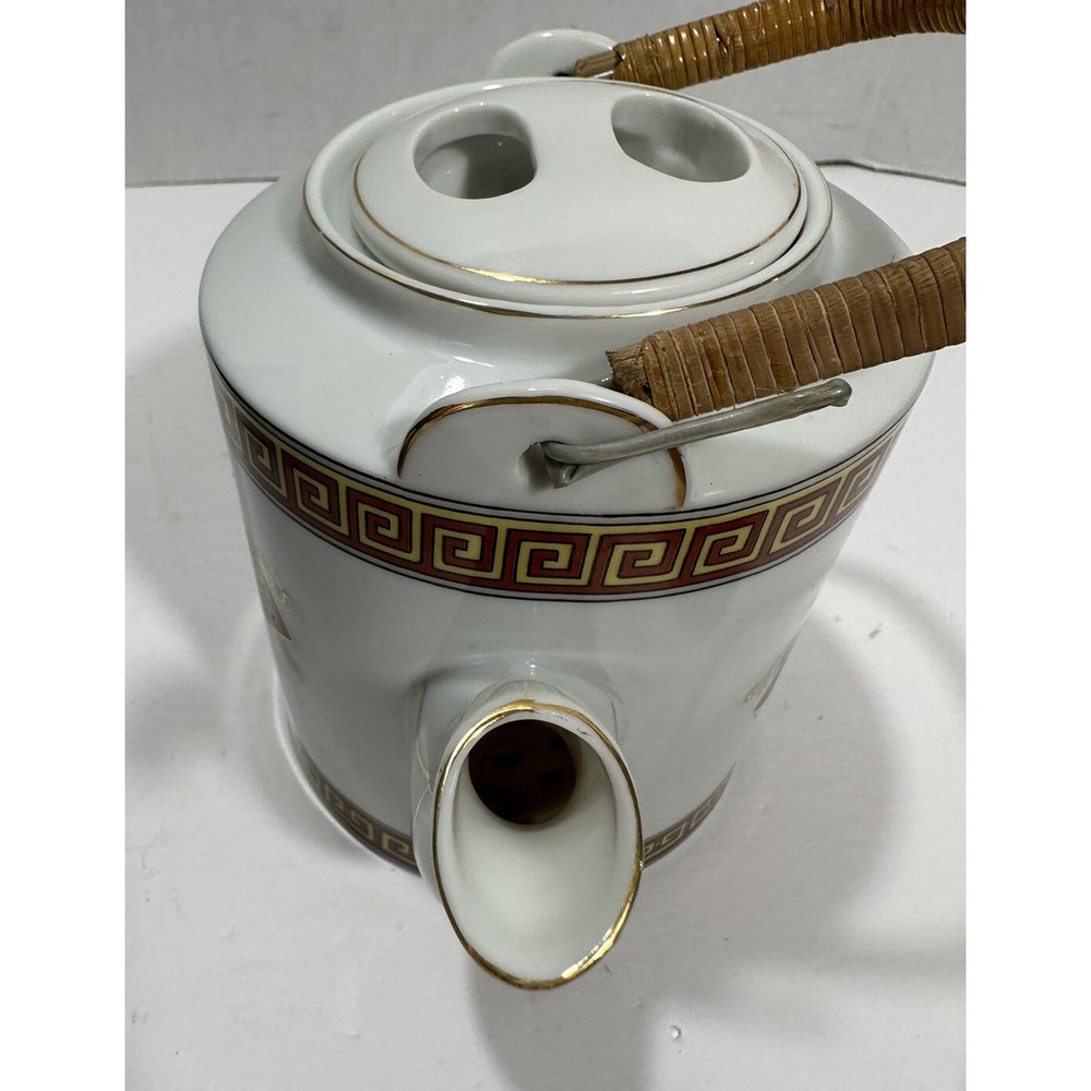 Vintage Japanese Teapot Tea Hand‎ Painted Ceramic with Rattan Handle - Picture 3 of 13